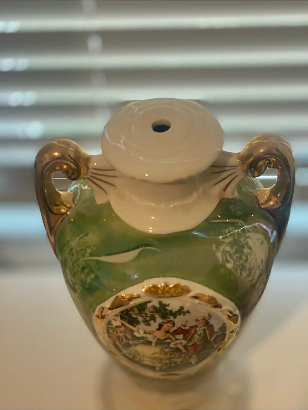 Vintage Green Hand Painted French Porcelain Table Lamp base with Gold Accents